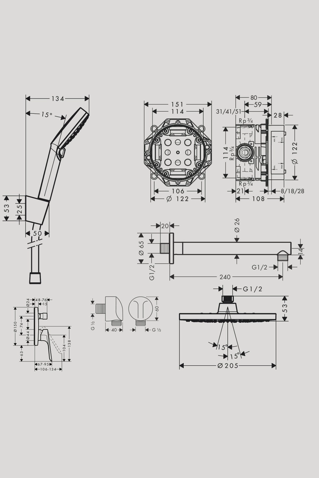 Paket miješalica Hansgrohe Logis E New, ugradbeni set (I-Box+gornji dio+izljevna cijev+tuš ruža+priključak za crijevo) - Image 2