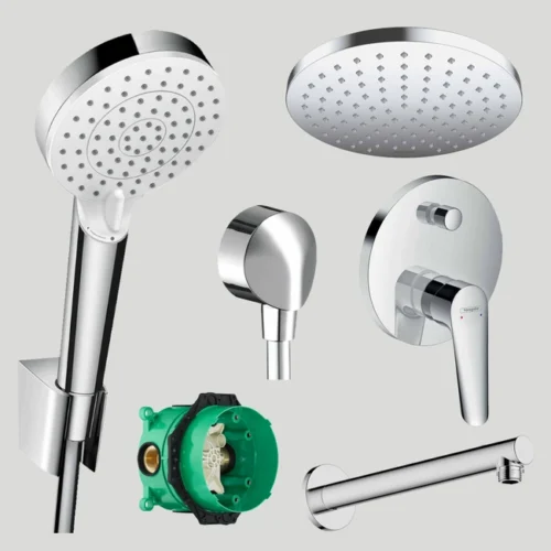 Paket miješalica Hansgrohe Logis E New, ugradbeni set (I-Box+gornji dio+izljevna cijev+tuš ruža+priključak za crijevo)