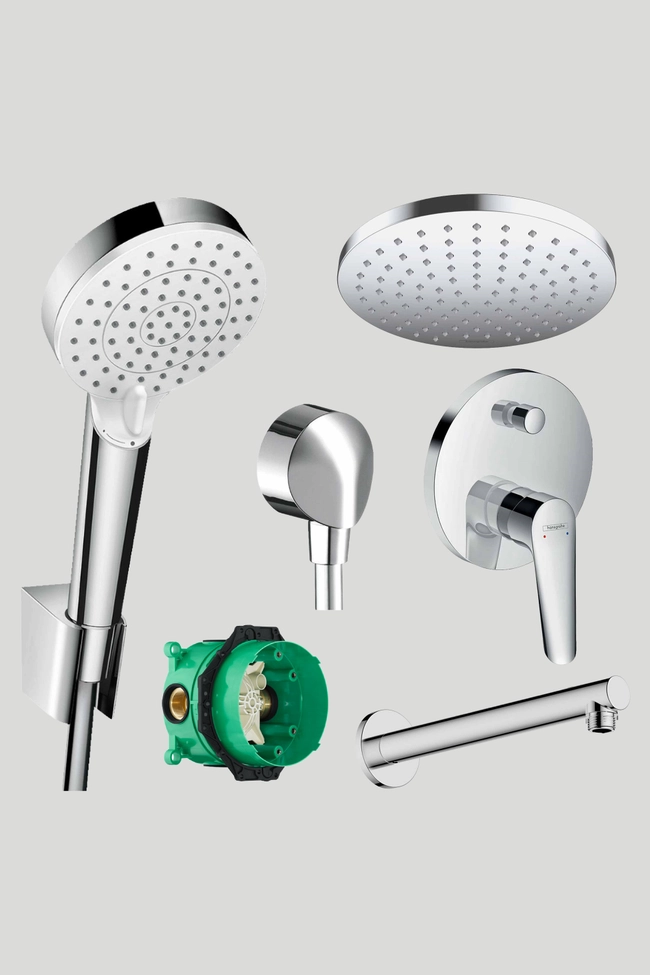 Paket miješalica Hansgrohe Logis E New, ugradbeni set (I-Box+gornji dio+izljevna cijev+tuš ruža+priključak za crijevo)